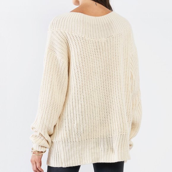 Beige Laced Up Off Shoulder V Neck Tunic Sweater - Picture 4 of 10